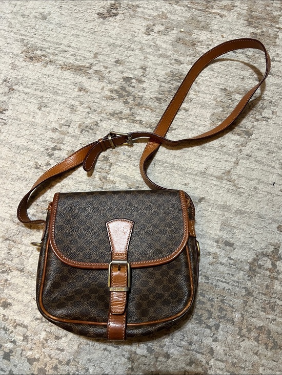 Celine Handbags - Authentic Celine Brown Monogram Crossbody Bag with Tan Leather Trim